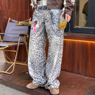 长裤 获衣局 四季 3D打印豹纹印花宽松阔腿直筒男女同款 拼接豹纹