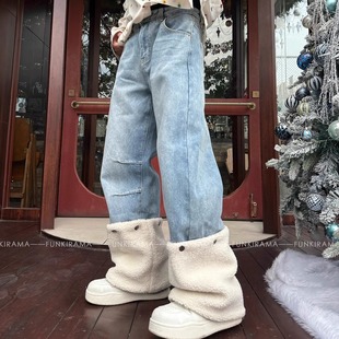 男女秋冬设计感小众百搭可拆卸休闲长裤 获衣局美式 加绒牛仔裤