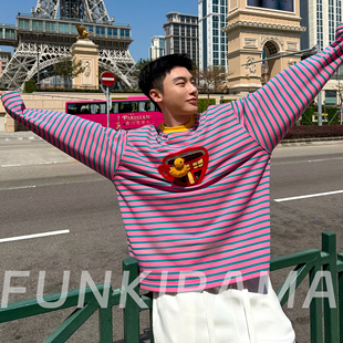 打底衫 2026春季 宽松条纹针织公仔小鸭子长袖 撞色T恤男女同款 新款