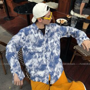 扎染衬衫男2026春季新款美式复古蓝白撞色翻领慵懒风休闲百搭通勤