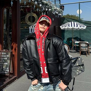 美式 正肩秋冬夹棉保暖韩系简约时髦宽松外套女 复古机车皮衣男短款