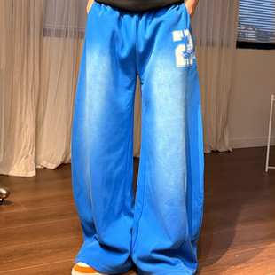 潮 男女百搭阔腿水洗做旧印花渐变抽绳垂感弯刀裤 获衣局 加绒卫裤