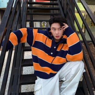 获衣局秋冬宽条纹美式 宽松韩系北极绒提花情侣撞色连帽毛衣1200克