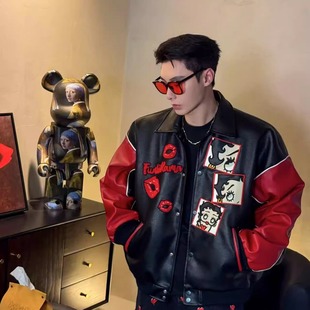 重工卡通刺绣印花撞色宽松棒球服夹克外套 休闲情侣同款 贝小蒂