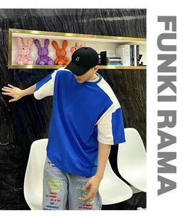 t恤男夏季 短袖 潮牌潮流拼接撞色落肩重磅上衣 拼接短袖 获衣局