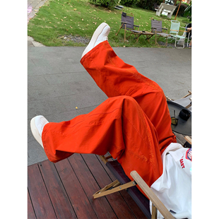 弯刀刺绣阔腿宽松休闲情侣长裤 秋冬美式 复古橘红色 南瓜裤 获衣局