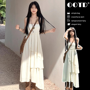 夏季 正品 不规则荷叶边吊带连衣裙女装 2025新款 小个子海边度假 法式
