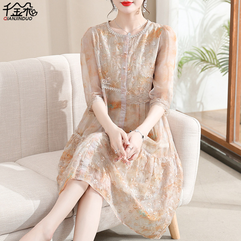 正品贵夫人妈妈连衣裙夏款高端法式气质洋气2025新款雪纺中老年裙
