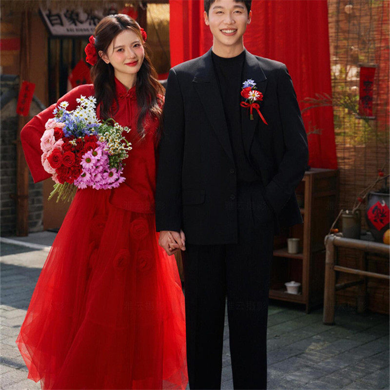 新中式复古晨袍新娘敬酒服结婚订婚礼服红色喜嫁影楼拍照主题服装