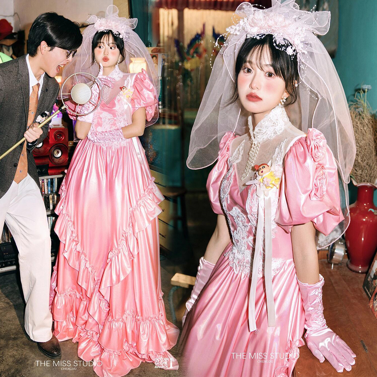 影楼拍照新款粉色公主风泡泡袖蛋糕裙复古vintage旅拍婚纱礼服装