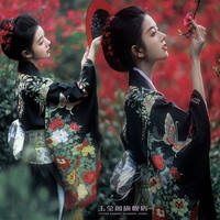 "Divine girl in Japanese kimono, fresh photography, retro small shaking sleeves, dark long dress, improved Chinese style kimono girl. thumbnail 2