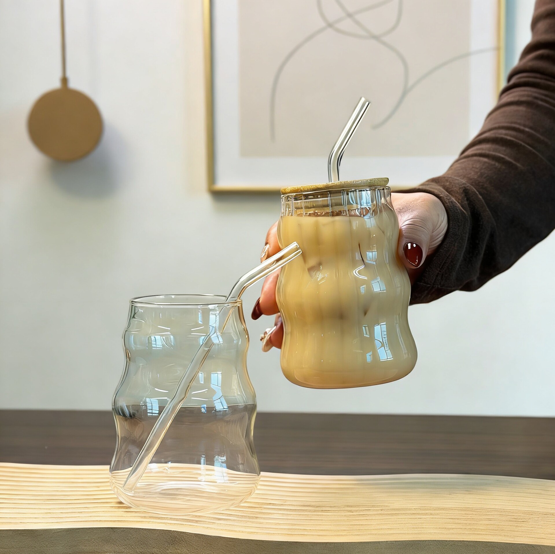 胖嘟嘟条纹玻璃杯大容量带吸管家用早餐牛奶杯ins风咖啡杯高颜值