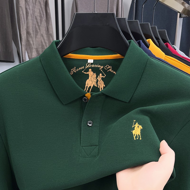 【奥莱品牌】保罗POLO衫男士100%纯棉长袖中年刺绣t恤春秋季上衣