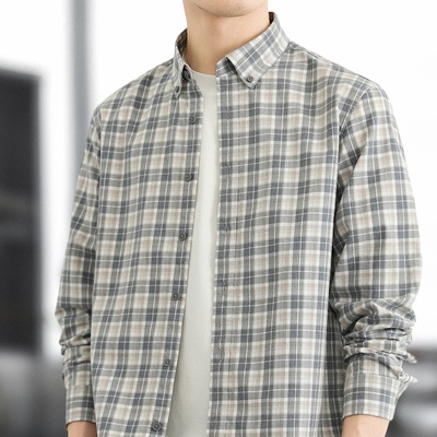 2025秋季新款磨毛纯棉长袖衬衫男士加厚休闲格子衬衣上衣外套男款