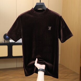 秋冬内搭上衣服半袖 男装 T恤 保暖加厚半高领打底衫 高端金丝绒短袖