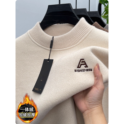 雪尼尔一体绒加绒加厚男士毛衣新款半高领冬季保暖针织打底衫外套