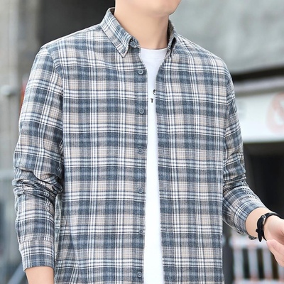 2025秋季新款男士格子纯棉长袖衬衫休闲上衣磨毛加厚衬衣男款外套