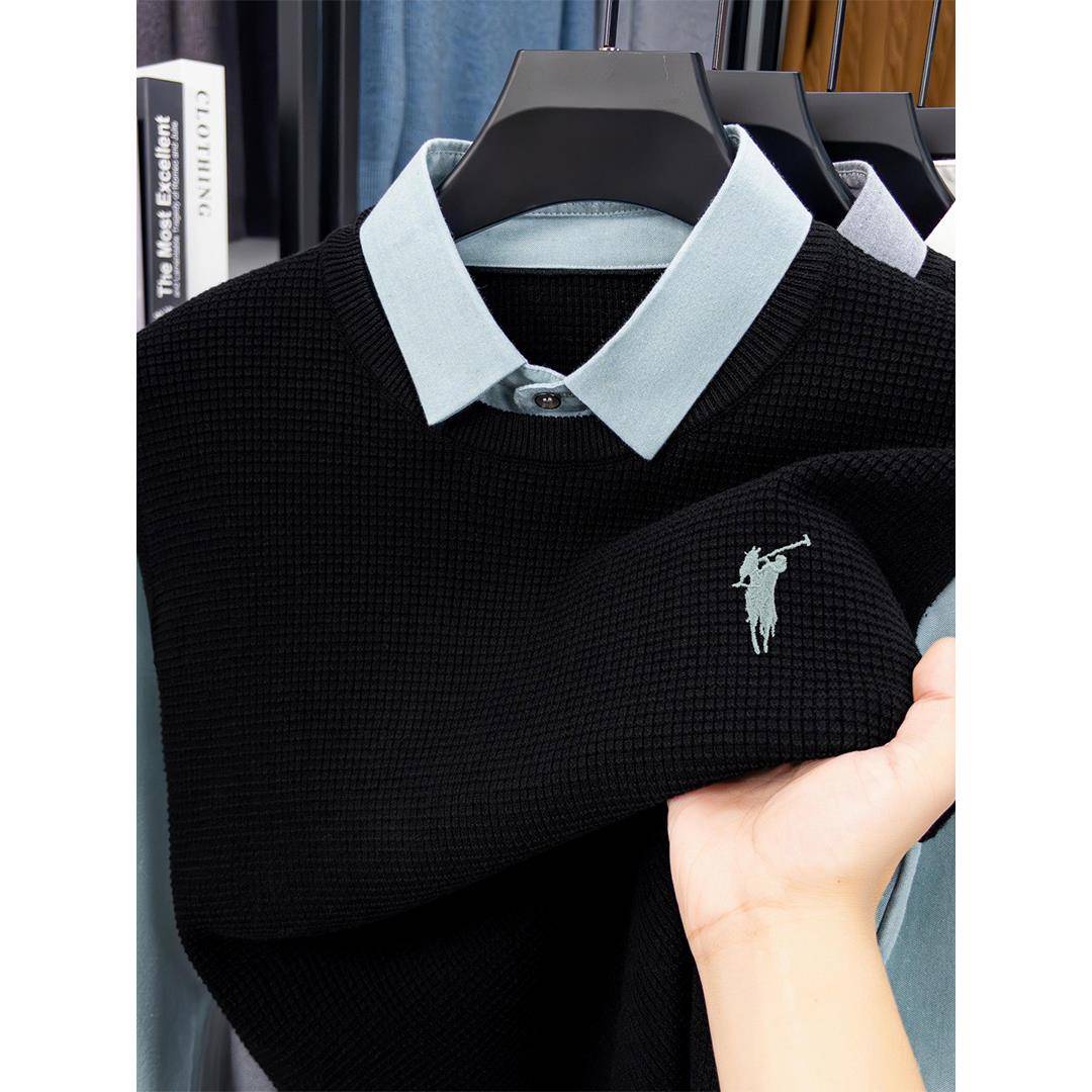 保罗秋冬新款假两件针织衫男士休闲百搭衬衫领长袖打底衫