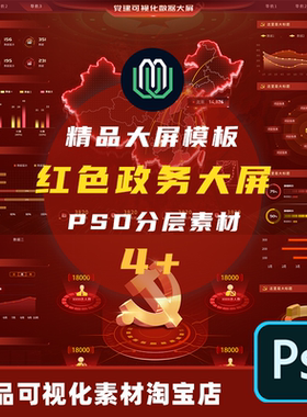 大屏可视化数据红色大屏政务大屏酷炫PC端UI组件分层页面PS源文件