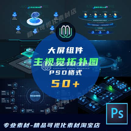 数据可视化平台大屏UI组件主视觉拓扑图层级关系图PSD分层素材50+