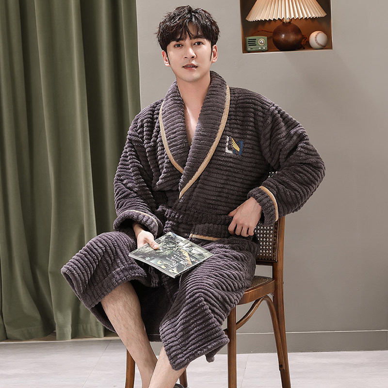 法兰绒睡袍男秋冬加厚加绒中长款