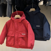 RESUMEHOME简历童装 棉服中大童蓝色连帽棉衣外套 儿童加厚红色工装