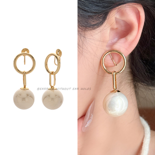 双圆环相扣珍珠耳坠新中式歌剧宫廷风耳环无耳洞蚊香盘高档款耳夹