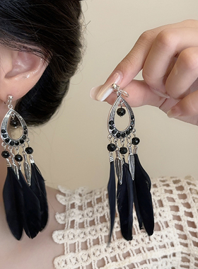 民族风云南旅游黑色羽毛流苏耳环无痛复古特色波西米亚蚊香盘耳夹