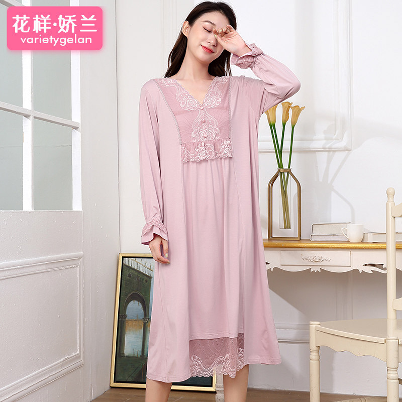 2023春秋新款睡裙蕾丝甜美公主中长裙宽松慵懒竹纤维睡衣裙女春秋