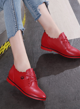 女士软底皮鞋真皮舒适春秋季系带内增高休闲鞋平底女式红色鞋子女