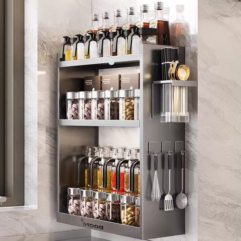 枪灰厨房置物架壁挂式调料架上墙免打孔多功能调味料用品收纳架子