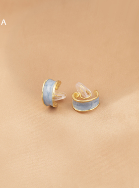 C形小巧蓝色金属耳钉时尚小清新气质度假风耳饰蚊香盘无耳洞耳夹