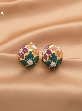 复古蓝色花朵椭圆耳针女优雅宫廷风耳钉高级感轻奢气质无耳洞耳夹