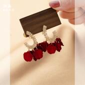 优雅气质红色花瓣轻熟风耳饰耳钉法式 复古高级感蚊香盘无耳洞耳夹