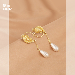 欧美高级感人像珍珠耳饰长款百搭轻奢宫廷风耳环蚊香盘耳夹无耳洞