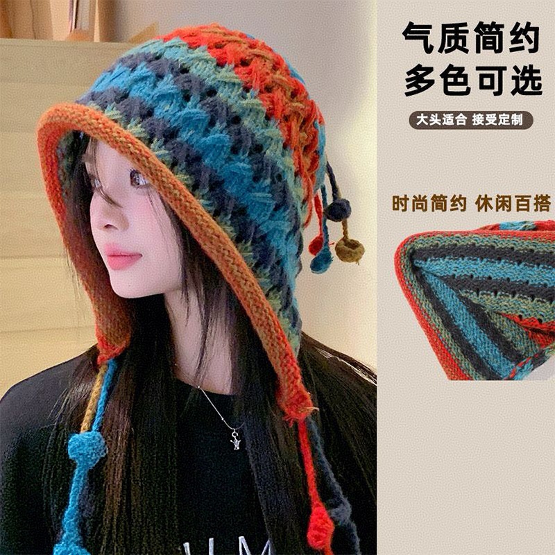 日系时尚百搭护耳毛线帽女彩色球球流苏手工针织帽秋冬保暖包头帽