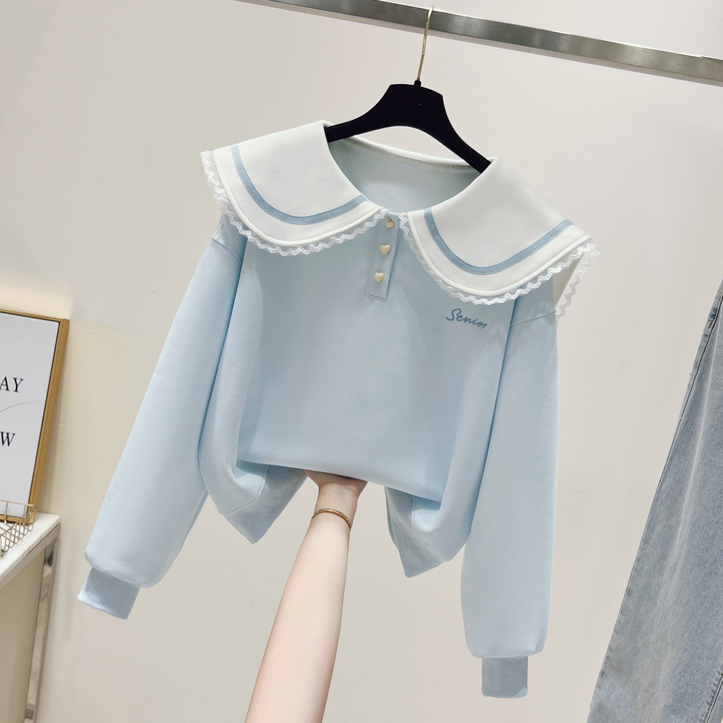 山东即墨拼色蕾丝花边娃娃领薄款纯棉卫衣女秋冬宽松字母刺绣上衣