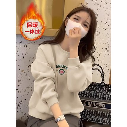 加绒加厚字母印花纯棉卫衣女秋冬宽松小个子爆款洋气简约无帽上衣