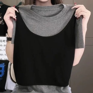显瘦内搭上衣潮 广州十三行高货爆款 假两件短袖 纯棉T恤女夏季 修身