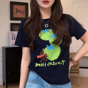 即墨正品卡通小熊刺绣番茄印花短袖T恤女夏季休闲时尚百搭上衣潮