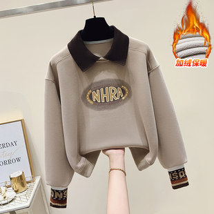 山东即墨加绒加厚娃娃领卫衣女秋冬宽松洋气纯棉假两件短款 上衣潮