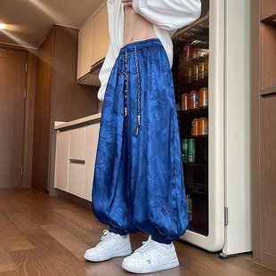 中国风冰丝龙纹暗花九分裤男春秋薄款直筒阔腿灯笼裤宽松复古长裤