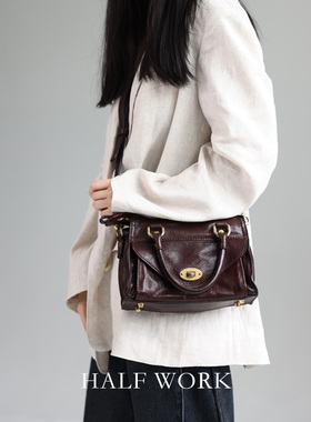 HALF WORK头层马皮公文包女真皮复古马皮手提包单肩斜挎包手工包