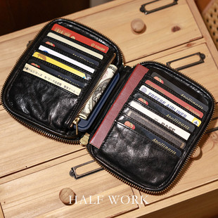 HALFWORK 钱包复古零钱包多卡位证件包 头层马皮手工马皮卡包短款