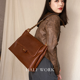 HALFWORK头层牛皮托特包女真皮软包大容量通勤简约复古手工单肩包