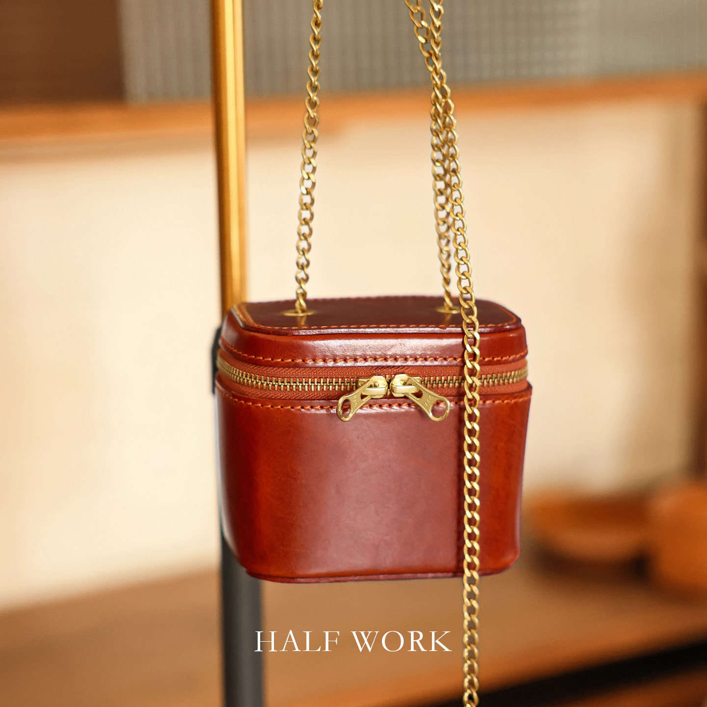 HALFWORK头层牛皮老钱风迷你盒子包女链条包单肩斜挎包高级感