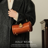 HALF WORK 头层牛皮圆筒包女斜挎真皮手提包复古手工单肩手提包包