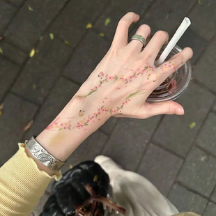 桃花蝴蝶粉红枝蔓彩色龙纹身贴防水持久ins可爱少女手腕手臂仿真