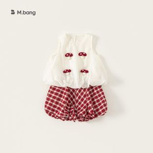 小一家邦选童装夏季套装女童可爱蘑菇无袖上衣儿童格子花苞裙裤两