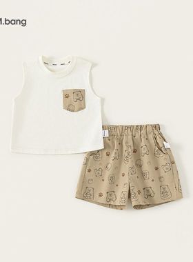 小一家圆领背心）口袋印印花卡通儿童（松紧+腰满无袖XT85164休闲